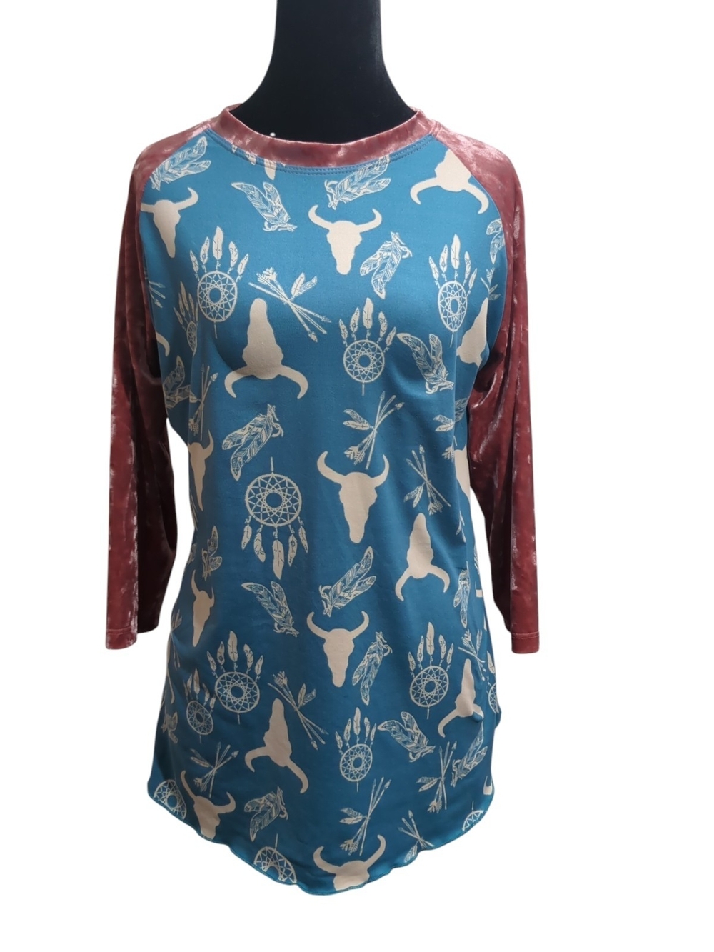 Boho Jane Western Bull Skull Dreamcatcher Top Teal Mauve Size M Mixed Media Boho
